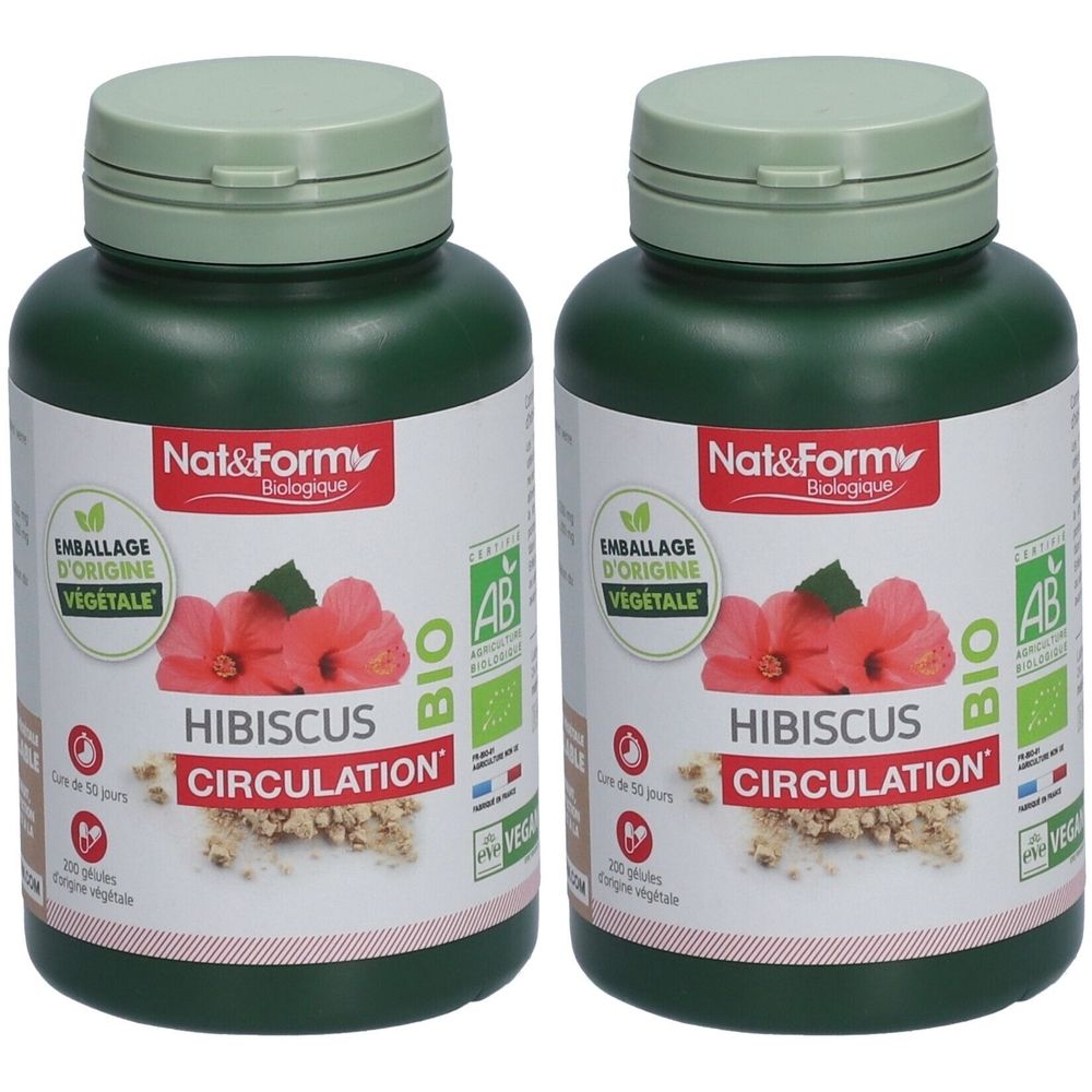Deux flacons verts avec couvercles. Inscription: Nat&Form, Hibiscus, Circulation, Bio. Emballage d'origine végétale.