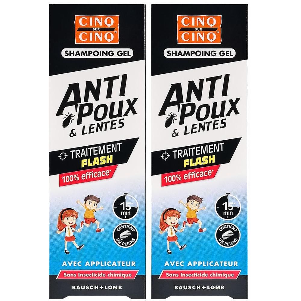Deux boîtes de shampoing gel CINQ SUR CINQ Anti-Poux & Lentes. Contient un applicateur. Bausch + Lomb.