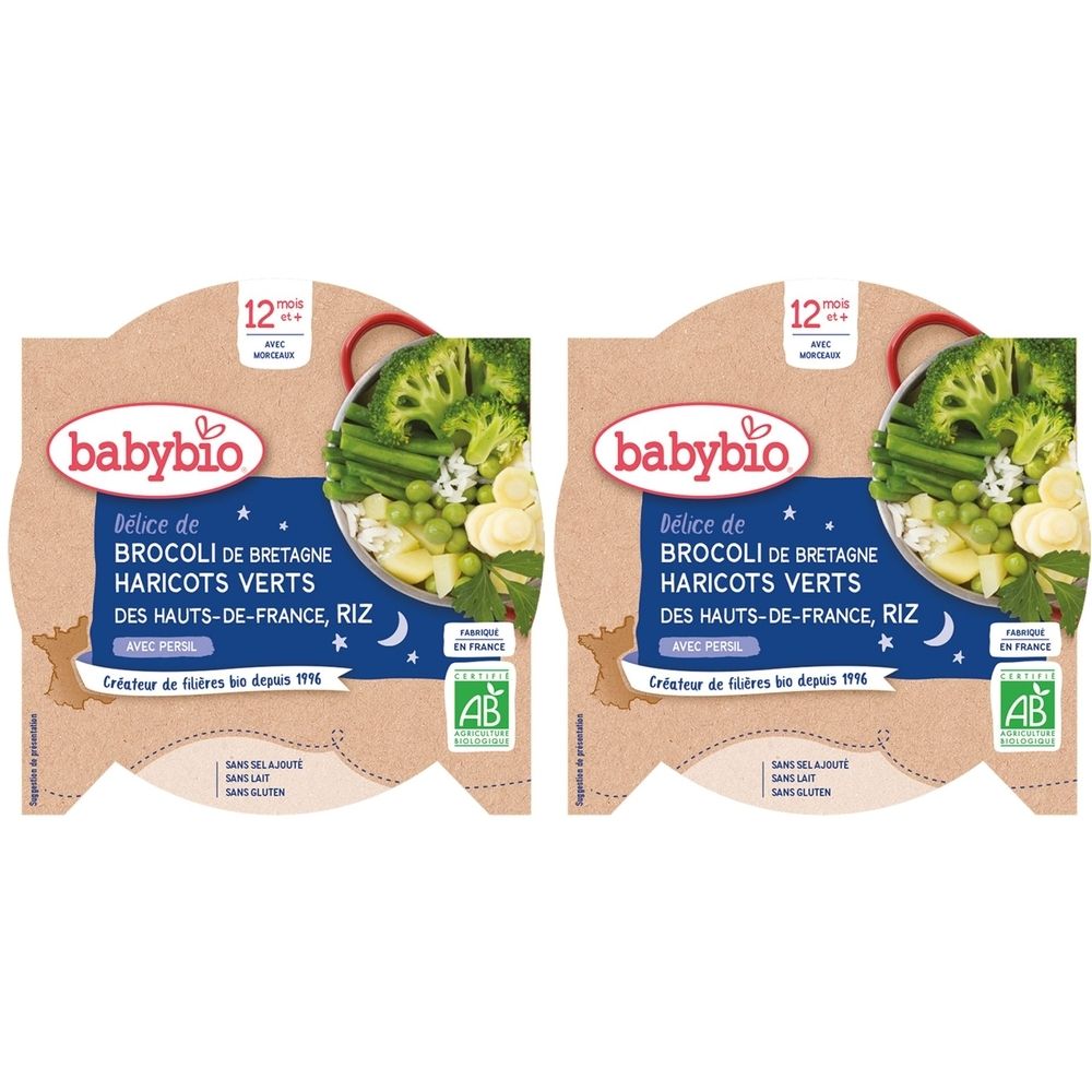 Deux emballages Babybio. Inscription : brocoli, haricots verts, riz. Label AB bio. Dès 12 mois.