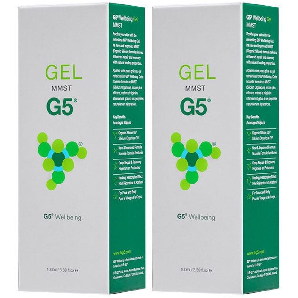 Deux boîtes blanches avec texte vert et noir. Inscription : GEL MMST G5. Sur le côté : G5 Wellbeing Gel.