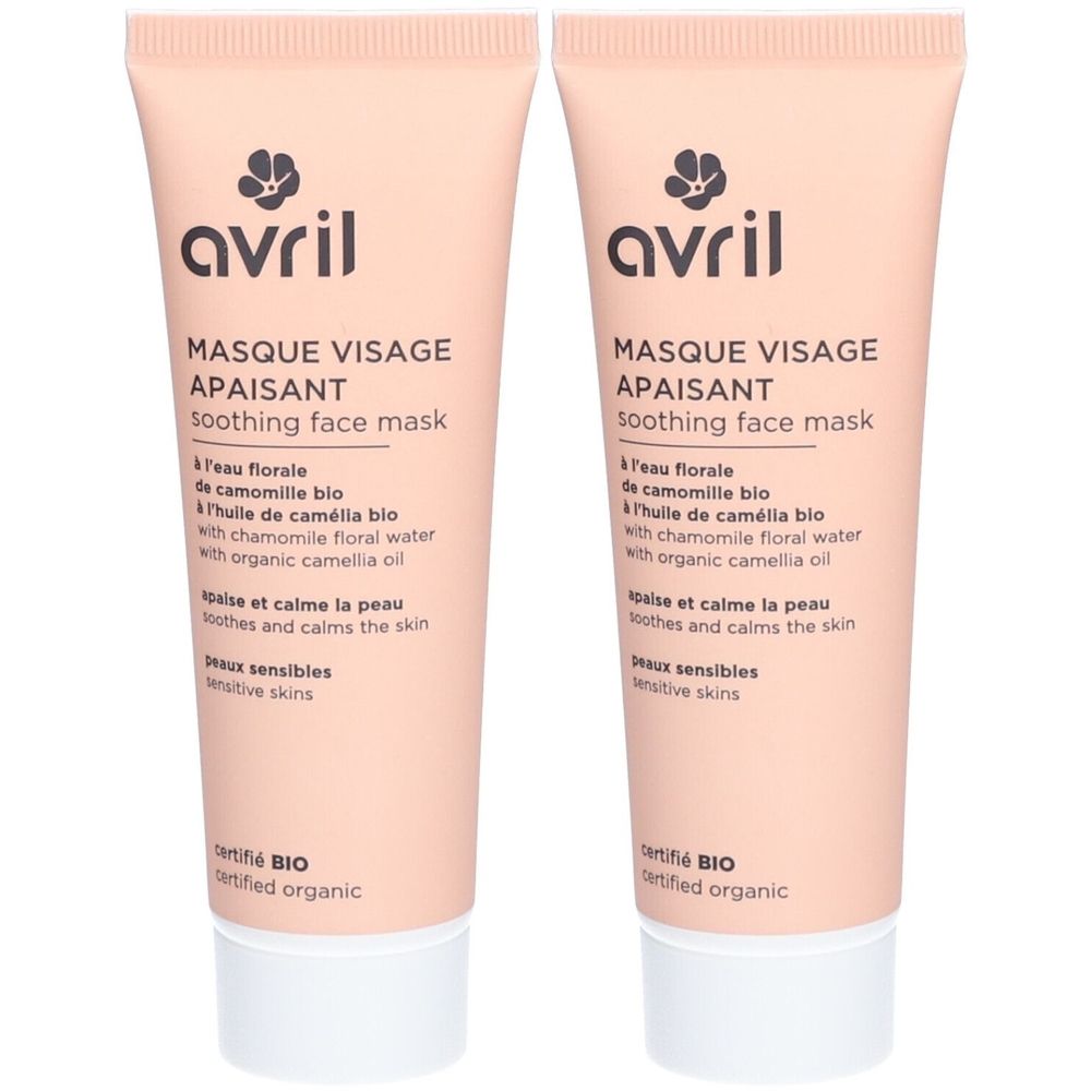 Deux tubes de masque visage. Inscription: avril, MASQUE VISAGE APAISANT, soothing face mask. Certifié BIO.