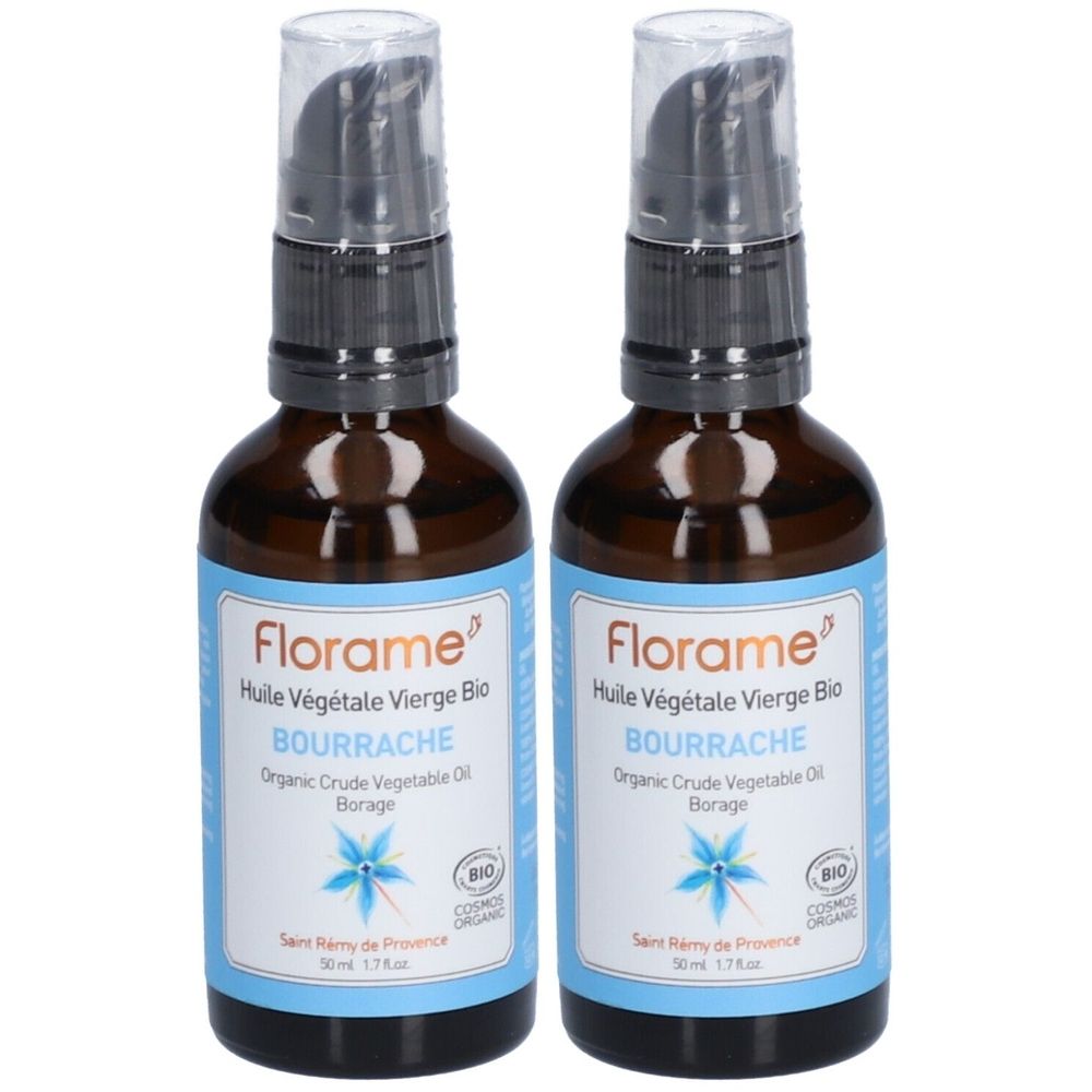 Deux flacons en verre brun avec étiquettes bleues. On lit "Florame", "Huile Végétale Vierge Bio Bourrache" et un label bio. Les flacons ont un bouchon pompe.
