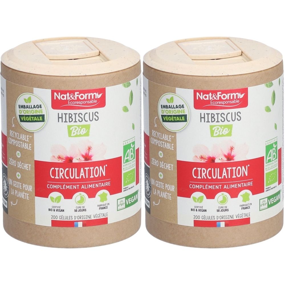 Deux boîtes cylindriques avec couvercles. Inscription : Hibiscus Bio, Circulation, complément alimentaire. Label vegan.