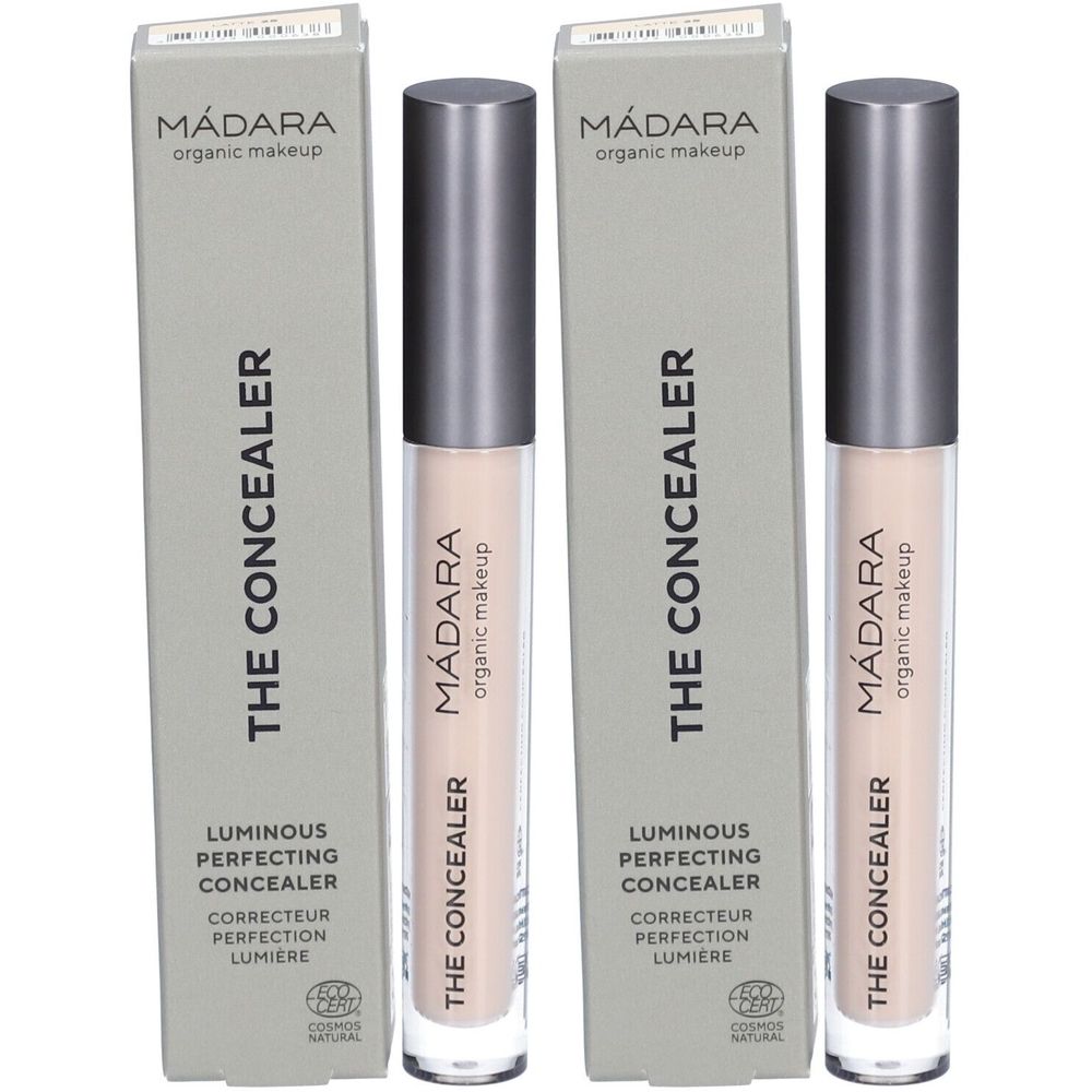 Deux tubes de correcteur et emballages. Inscription : Mádara, THE CONCEALER, Luminous Perfecting Concealer. Teinte claire.