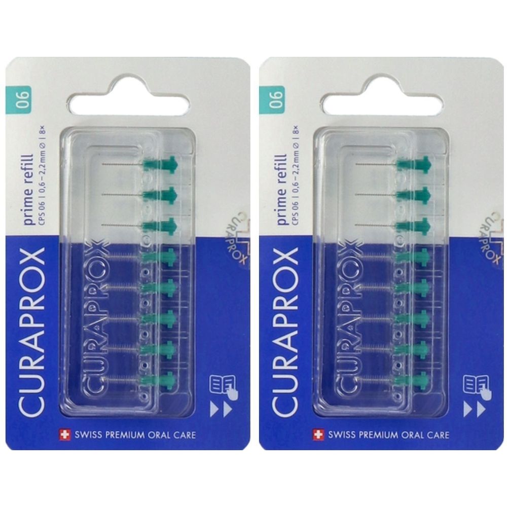 Deux paquets de recharges Curaprox CPS 06 Prime. Chaque paquet contient des têtes de brosse vertes dans un emballage plastique transparent.