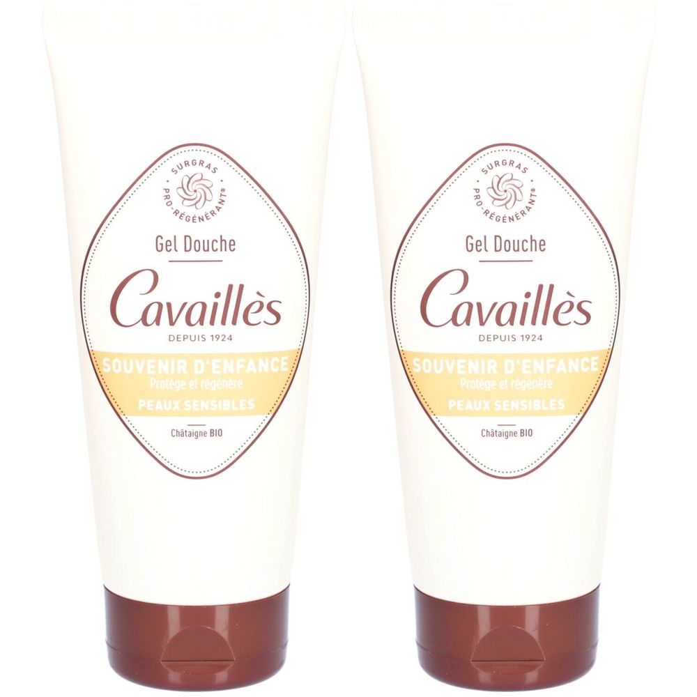 Deux tubes de gel douche Rogé Cavaillès. Blancs, avec bouchon marron. Inscription : Gel Douche, Cavaillès, Souvenir d'Enfance, Peaux Sensibles.