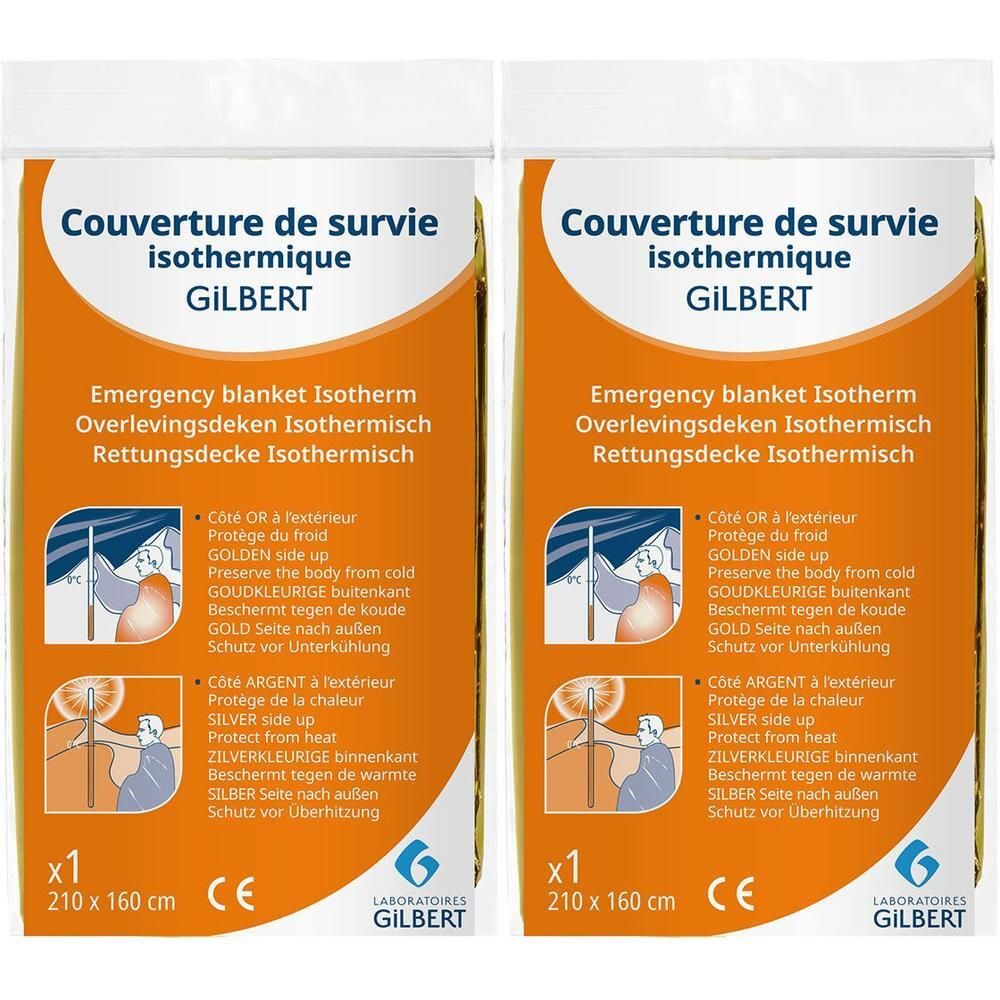 Deux couvertures de survie isothermiques GILBERT emballées. Dimensions : 210 x 160 cm. Texte : Emergency blanket Isotherm. Marque CE.