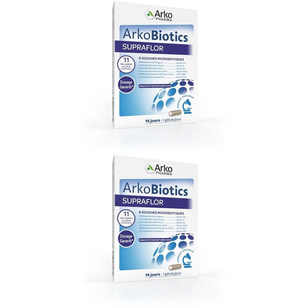 Boîte Arkopharma Arkobiotics Supraflor. Blanche, graphiques bleus et verts. Texte: Arko, Supraflor, 11 souches.