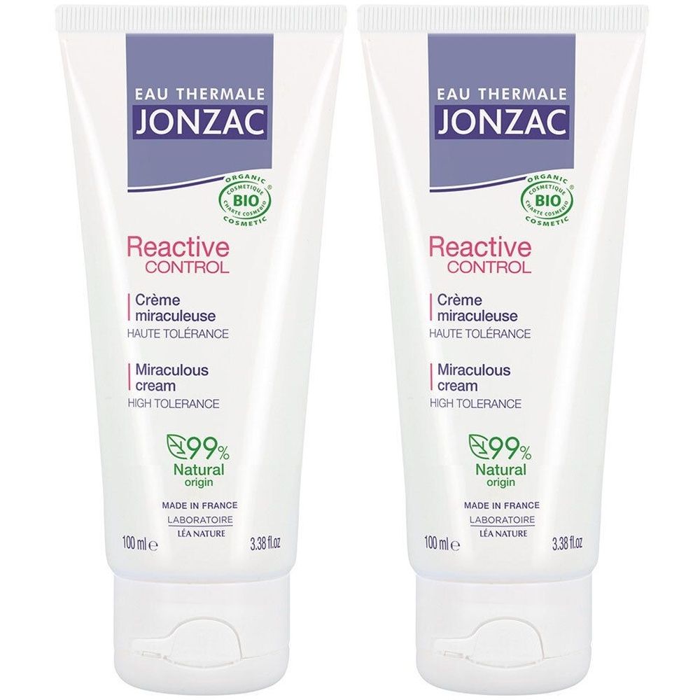 Deux tubes blancs avec texte. Jonzac Reactive Control Crème Miraculeuse Bio. Logo Bio et 99% d'ingrédients naturels. Crème pour peaux intolérantes.
