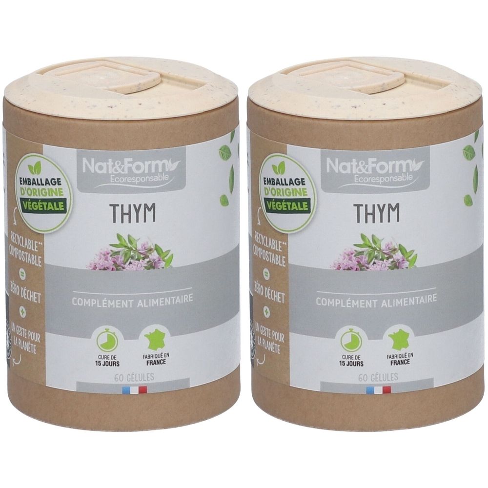 Deux boîtes cylindriques avec couvercles. Inscription: THYM, complément alimentaire. Emballage d'origine végétale. Fabriqué en France. 60 gélules.