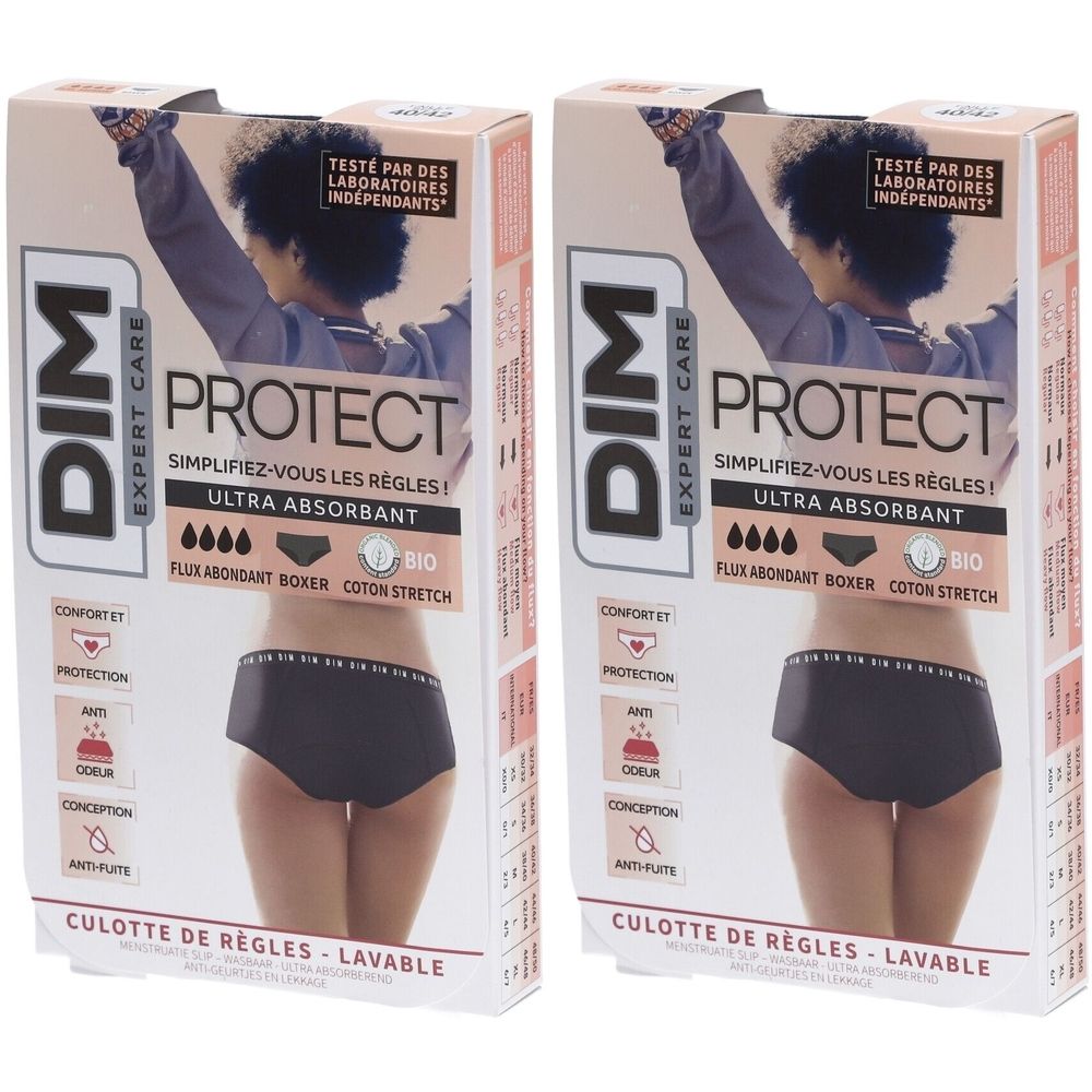 Deux boîtes de produit. Inscription: DIM Protect, Ultra-Absorbant, Culotte de règles Lavable. Boxer noir représenté.