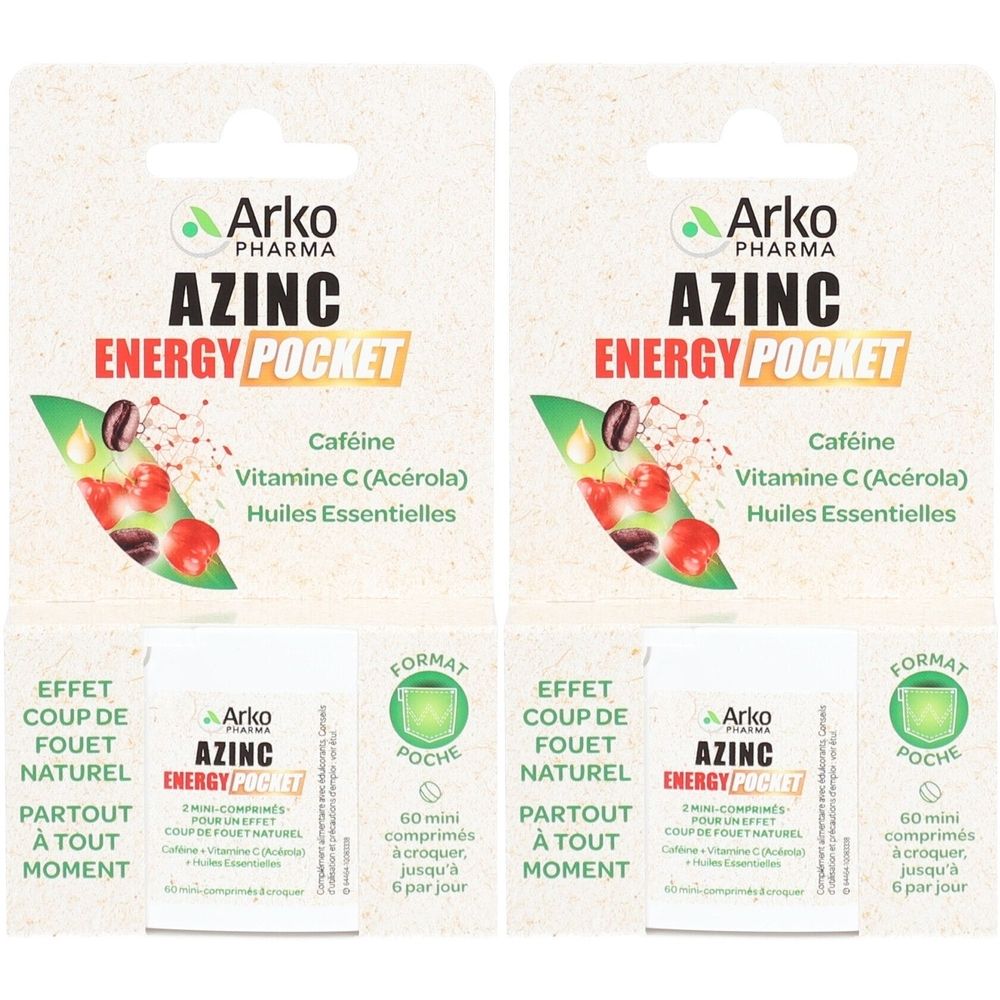 Deux emballages Arkopharma Azinc Energy Pocket. Chaque emballage comprend un blister et une boîte avec des informations.
