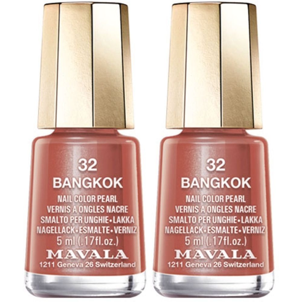 Deux flacons de vernis à ongles, couleur 32 Bangkok. Bouchon doré, vernis brun-rouge. Inscription: Mavala, 5 ml.