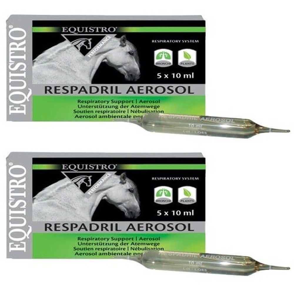 Deux boîtes de EQUISTRO Respadril Aerosol. Chaque boîte contient 5 ampoules. Inscription : Respiratory Support, 5 x 10 ml.