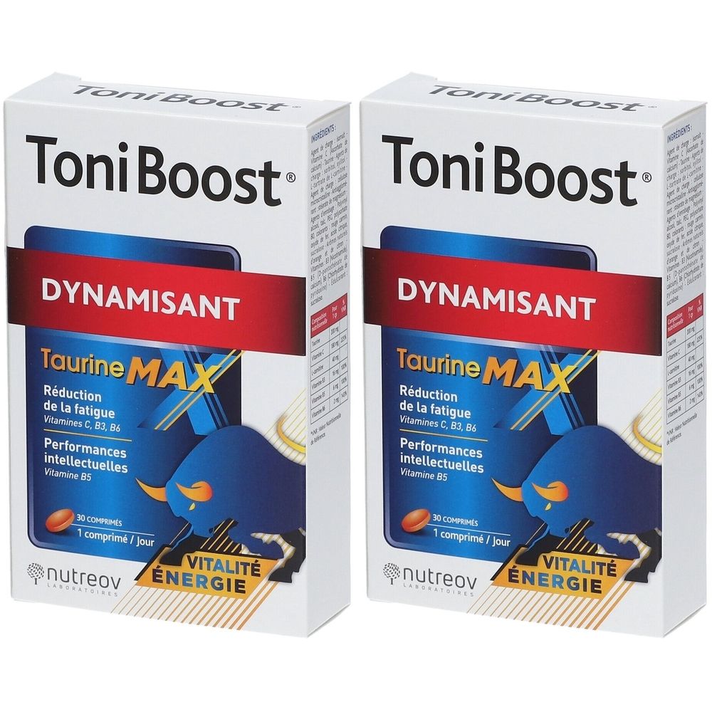 Deux boîtes blanches ToniBoost, Taurine MAX. Bande rouge DYNAMISANT. Graphique bleu d'un taureau. Marque Nutreov.