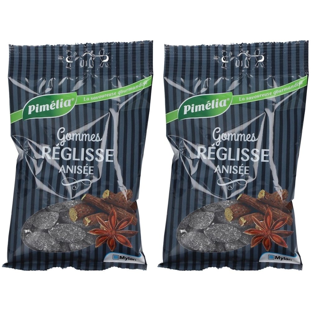 Deux sachets de bonbons. Inscription Pimélia, Gommes Réglisse Anisée. Contenu visible : réglisse, anis étoilé.