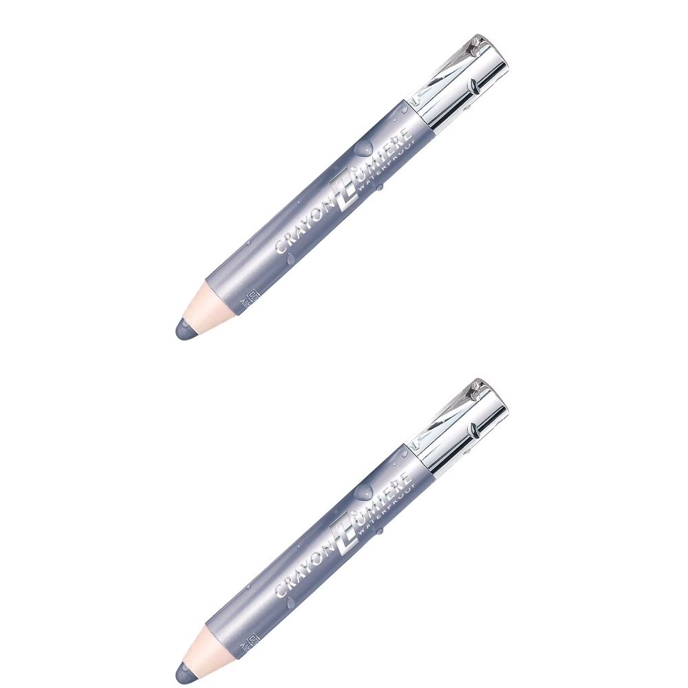Deux crayons pour les yeux gris avec des capuchons argentés. Inscription: Crayon Lumière Waterproof.