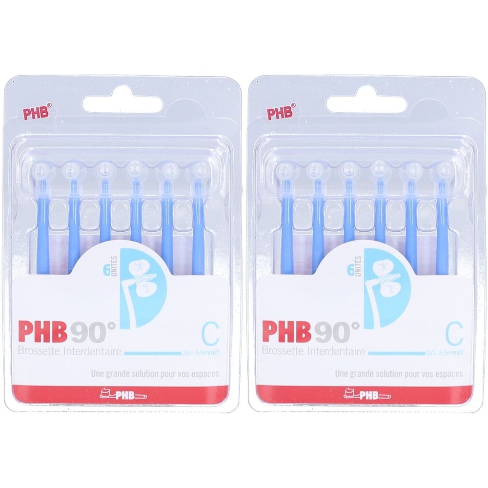 Deux blisters de brossettes interdentaires bleues. Chaque emballage porte la mention "PHB 90°". Les brosses sont emballées dans du plastique transparent.