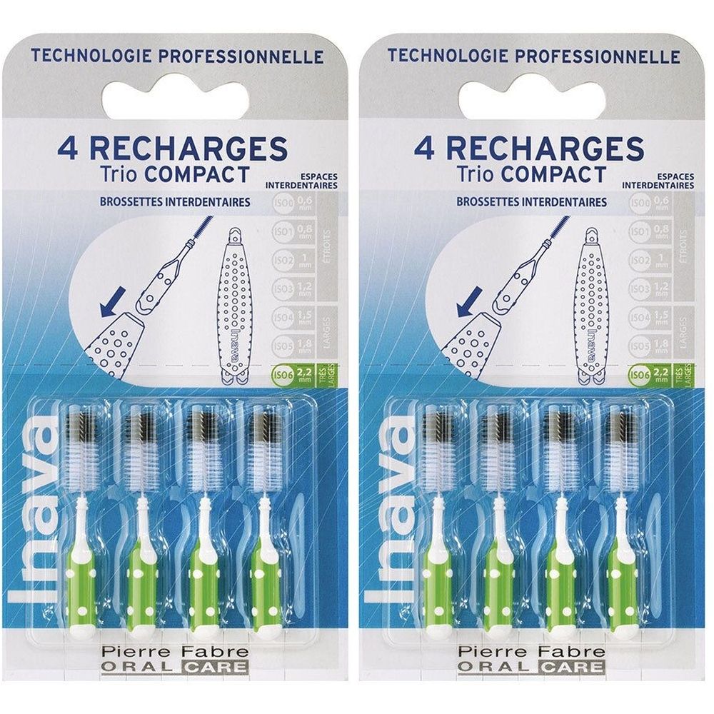 Deux paquets de recharges INAVA. Chaque paquet contient 4 brossettes interdentaires. Manches verts et blancs, soies noires.