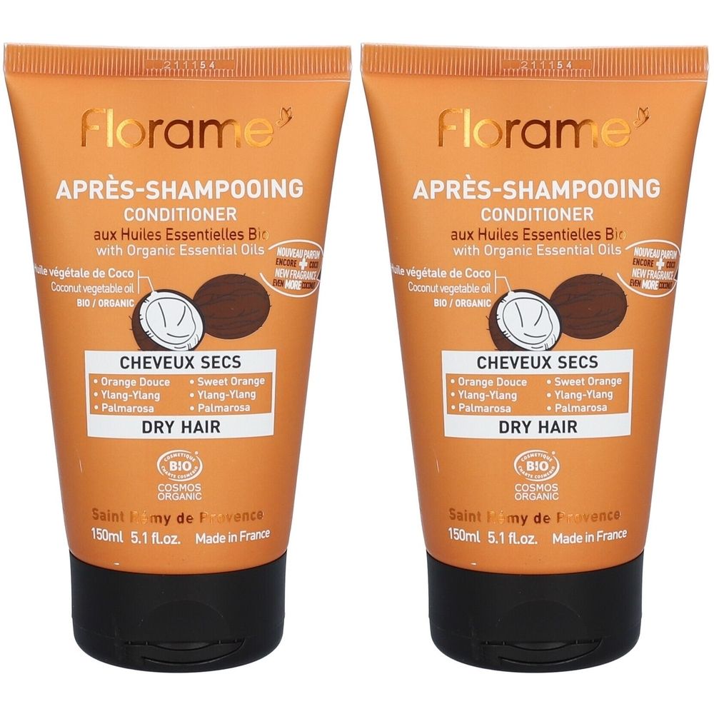 Deux tubes de FLORAME Après-shampooing. Emballage orange avec bouchon noir. Inscription : Conditioner pour cheveux secs.