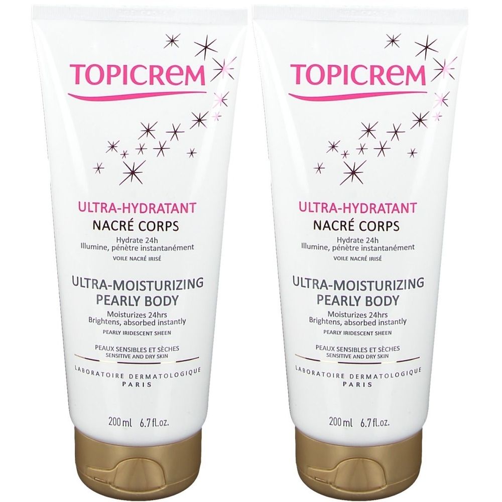 Deux tubes de TOPICREM Ultra-Hydratant Nacré Corps. Tubes blancs avec texte rose et motifs étoiles. Contient 200ml.