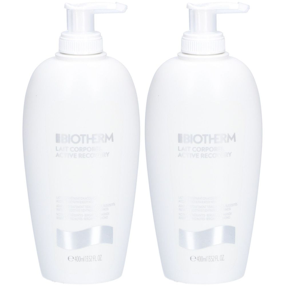 Deux flacons blancs avec pompe. Inscription: Biotherm Lait Corporel Active Recovery. Détails argentés en dessous.