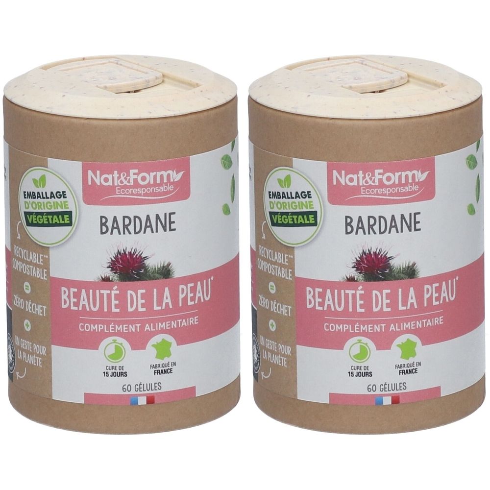 Deux boîtes cylindriques avec couvercles. Inscription: Nat&Form Bardane, Beauté de la Peau, complément alimentaire. 60 gélules.