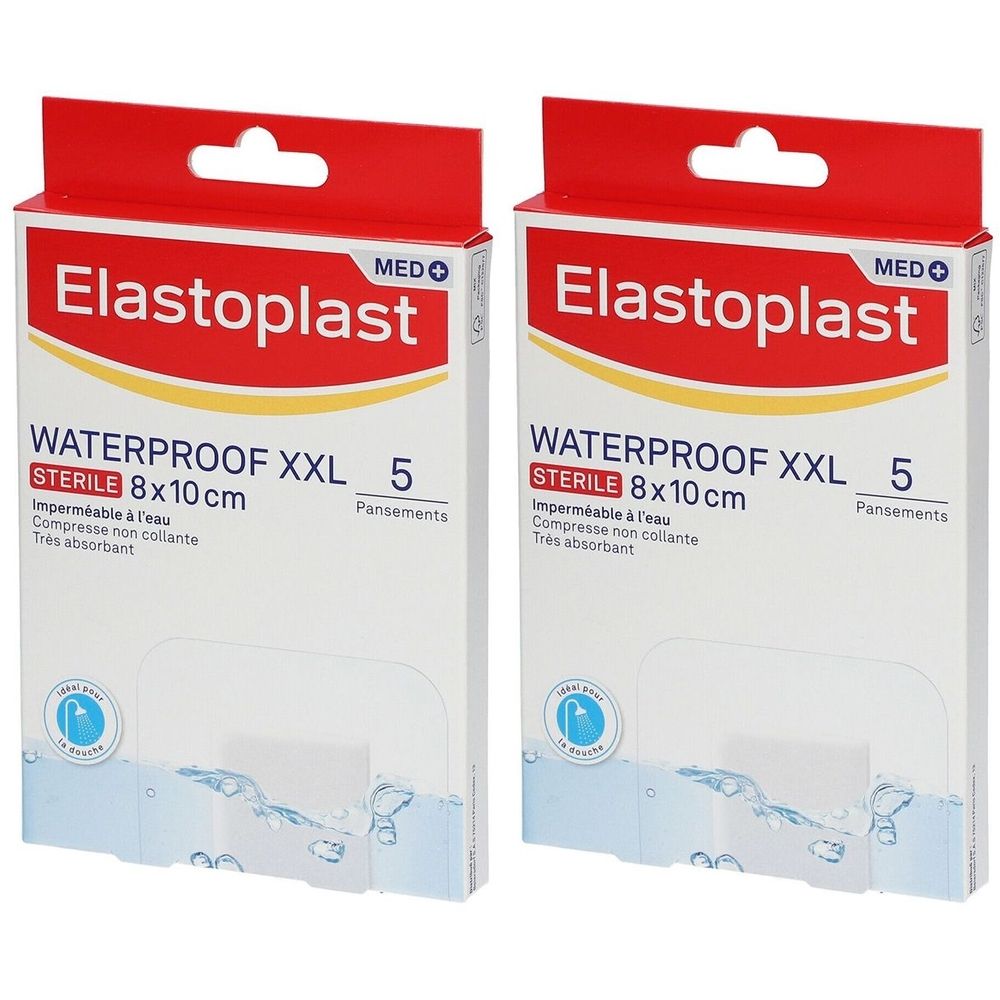 Deux boîtes de pansements Elastoplast MED Waterproof XXL. Chaque boîte contient 5 pansements stériles de 8x10 cm. Emballage avec crochet rouge.