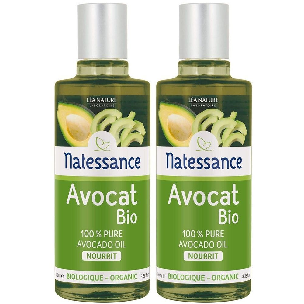 Deux flacons d'huile d'avocat avec étiquette. Inscription: Natessance Avocat Bio, 100% huile d'avocat pure. Avec label bio.