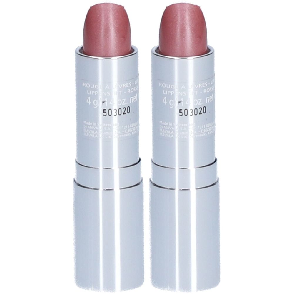 Deux rouges à lèvres roses. Tubes argentés avec texte. Inscription : Rouge à Lèvres, 4 g - 0.14 oz net, 503020.