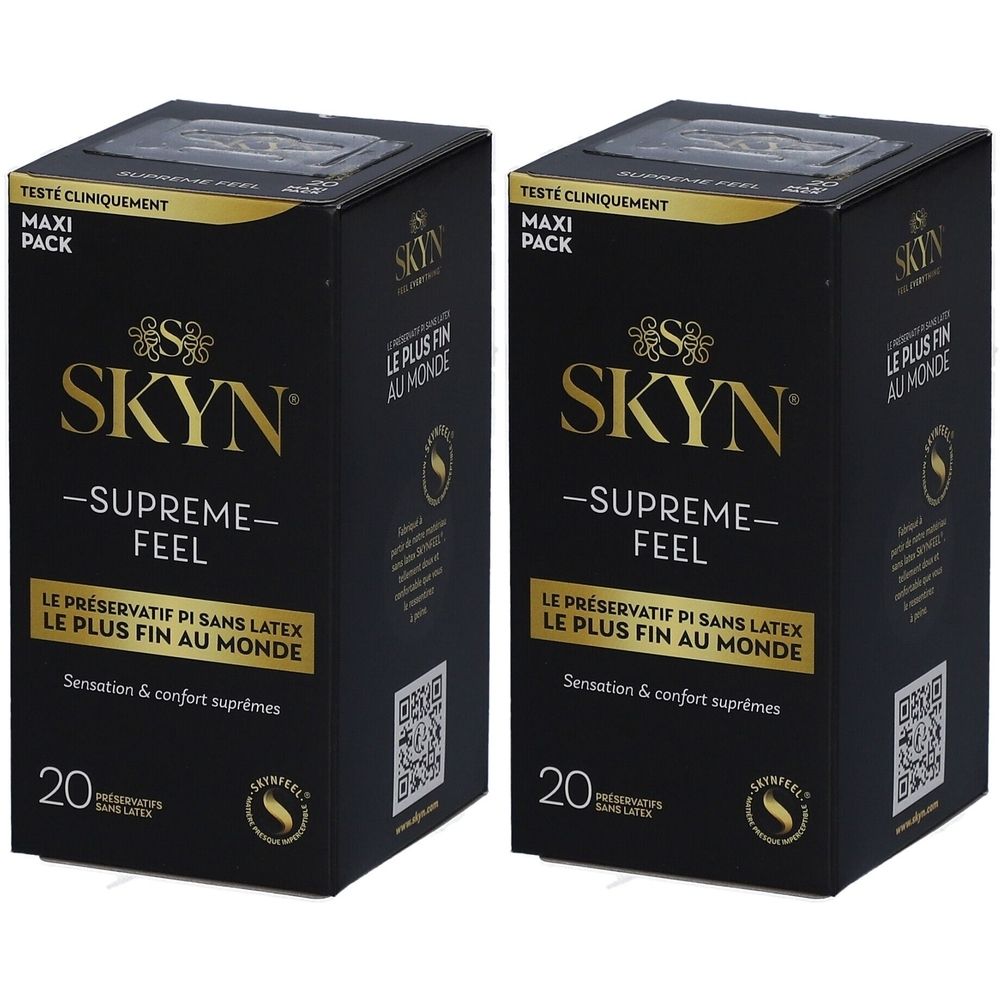 Deux boîtes noires avec texte doré. Inscription: SKYN Supreme Feel, 20 préservatifs. Sans latex.
