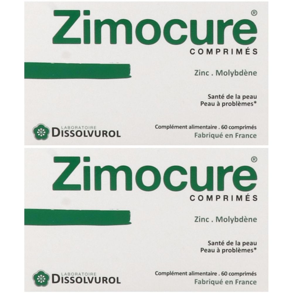 Deux boîtes blanches avec texte vert. "Zimocure COMPRIMÉS" en haut, suivi de "Zinc. Molybdène". Logo Laboratoire Dissolvurol. "Fabriqué en France".