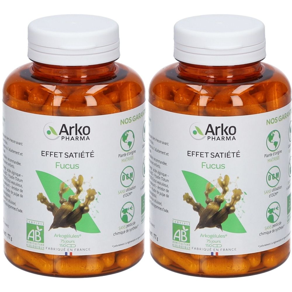 Deux flacons de gélules. Étiquette avec "Arko Pharma", "Effet Satiété Fucus" et label bio. Bouchons blancs.