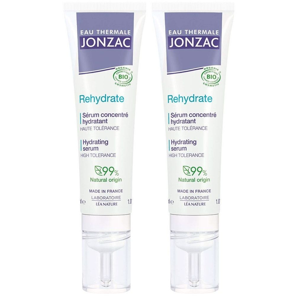 Deux tubes de sérum Jonzac Rehydrate. Tubes blancs avec accents violets et labels bio verts. Texte: Rehydrate, Hydrating serum.