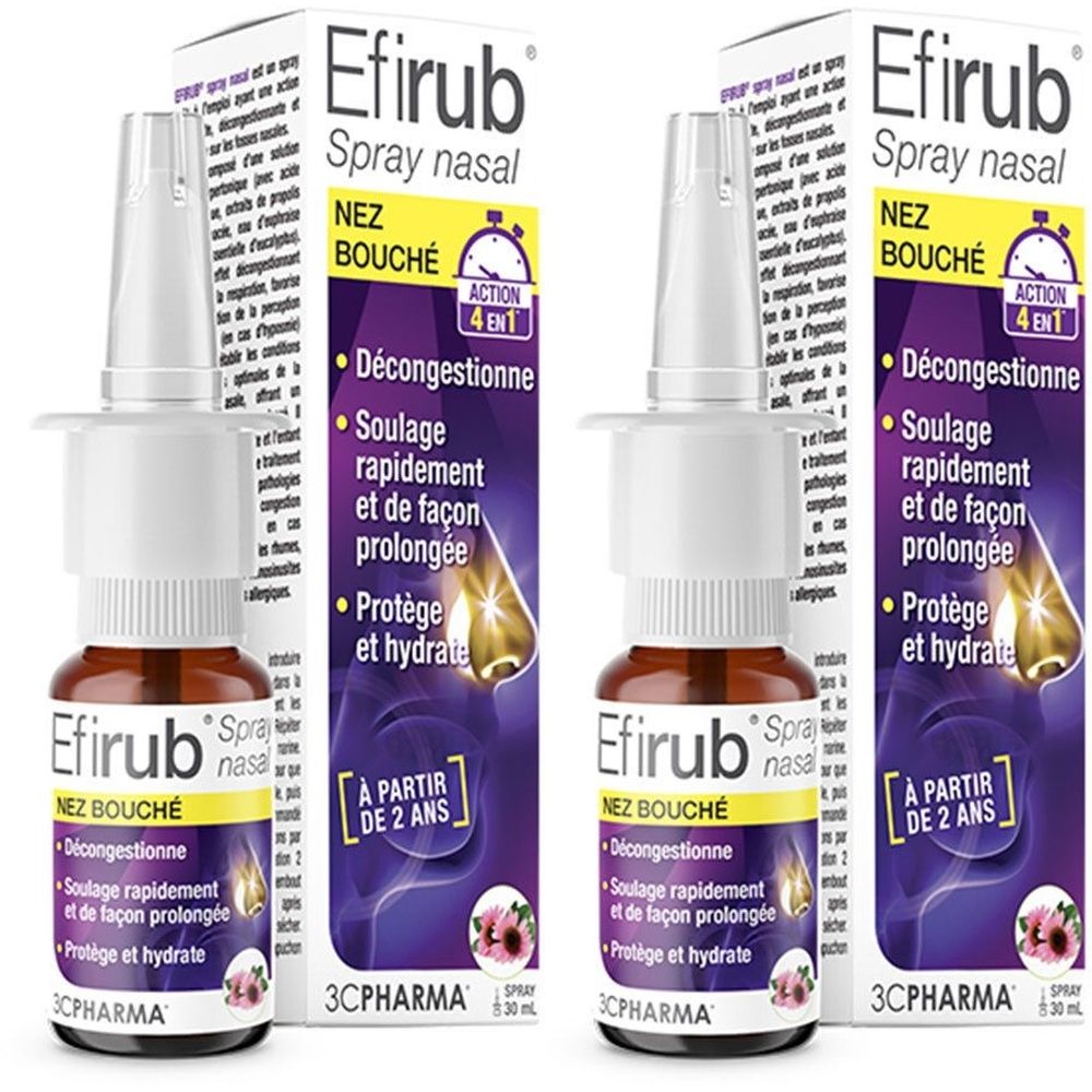 Flacon de spray nasal et emballage. Flacon brun avec pulvérisateur blanc. Boîte violette et blanche avec informations.