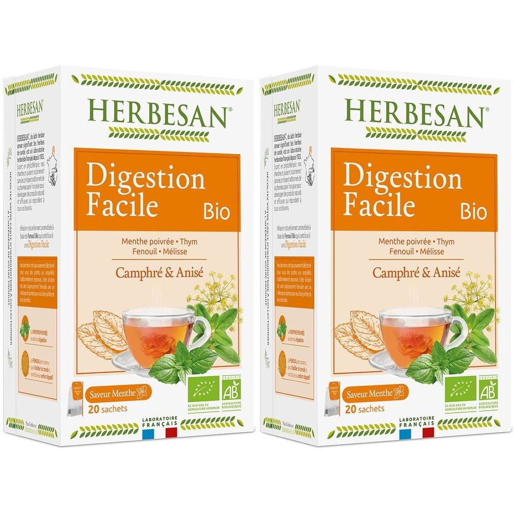 Deux boîtes Herbesan Digestion Facile Bio. Ingrédients : Menthe, Thym, Fenouil, Mélisse, Camphre et Anis. Contient 20 sachets. Label bio.