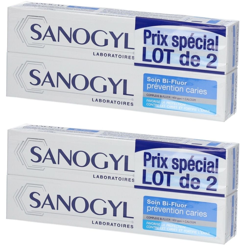 Deux tubes de dentifrice Sanogyl. Inscription: Prix spécial, LOT de 2, Soin Bi-Fluor prévention caries.