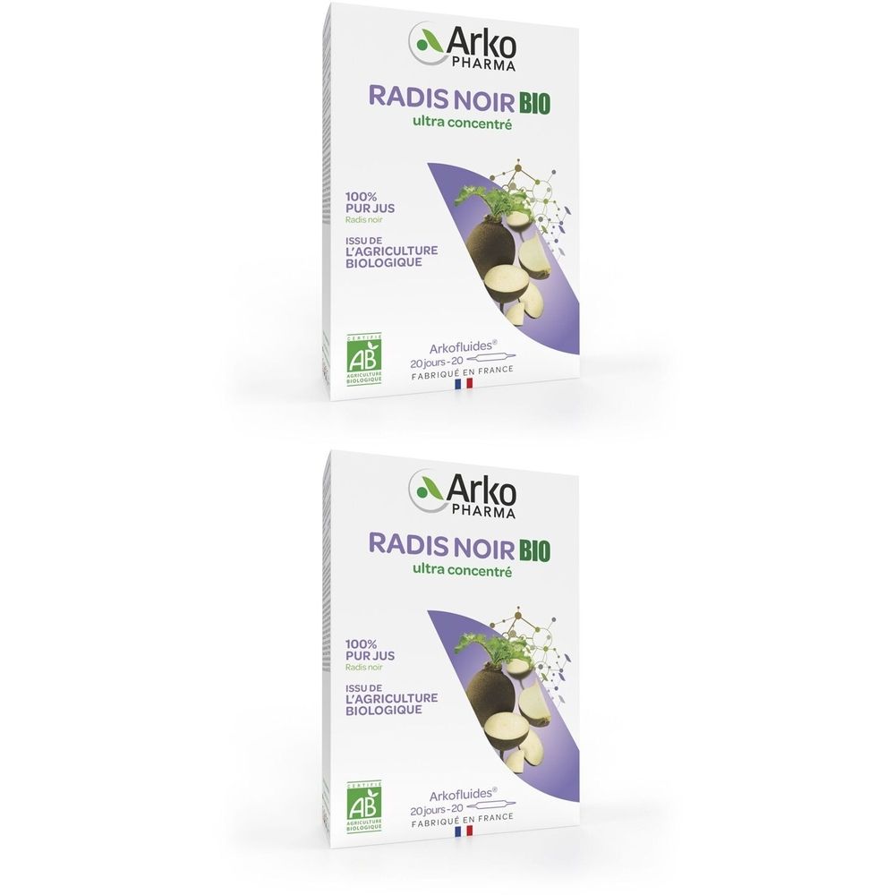 Deux boîtes RADIS NOIR BIO. Logo Arko Pharma. Certification AB. Texte : 100% PUR JUS, L'AGRICULTURE BIOLOGIQUE. Ultra concentré.