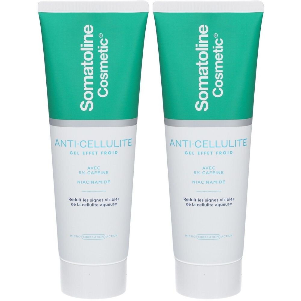 Deux tubes de gel anti-cellulite SOMATOLINE COSMETIC Effet Froid. Emballage vert et blanc. Inscription : Anti-Cellulite, avec caféine et niacinamide.