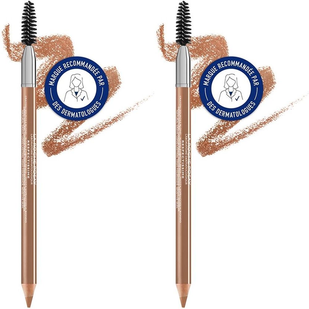 Crayon à sourcils avec brosse. Mine brun clair, corps argenté, brosse noire. Sceau : Marque recommandée par les dermatologues.