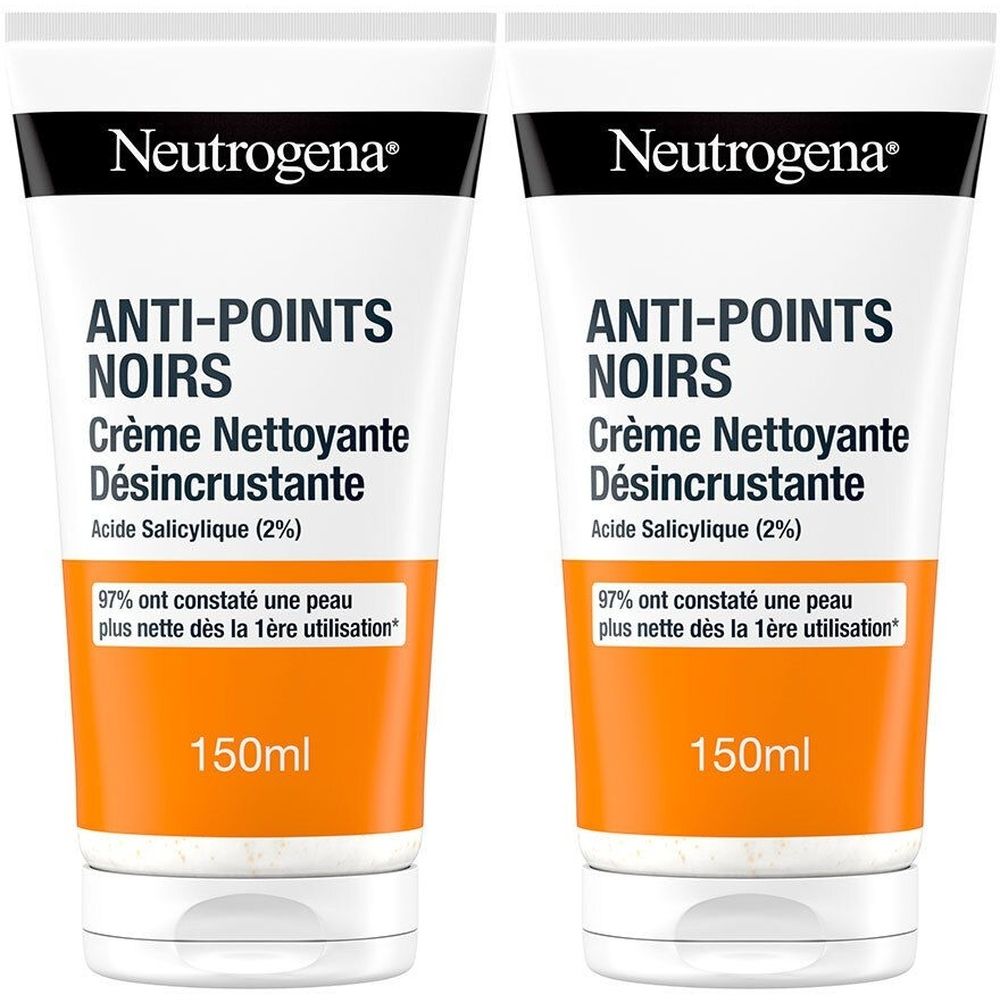 Deux tubes de NEUTROGENA Anti-Points Noirs Crème Nettoyante Désincrustante. Tubes blancs avec bouchon noir et zone orange. Texte en français.