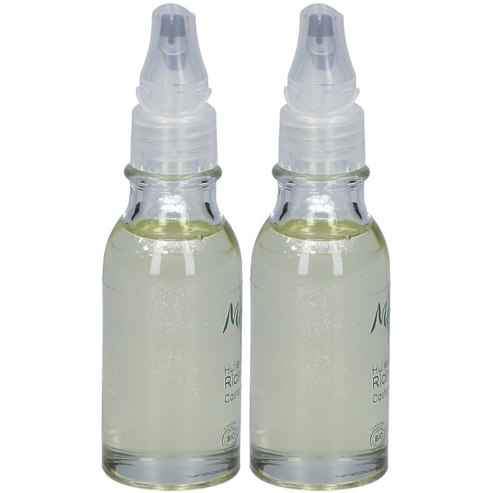 Deux petites bouteilles en verre avec liquide transparent et applicateur. Inscription: Melvita, Huile de Ricin Bio.