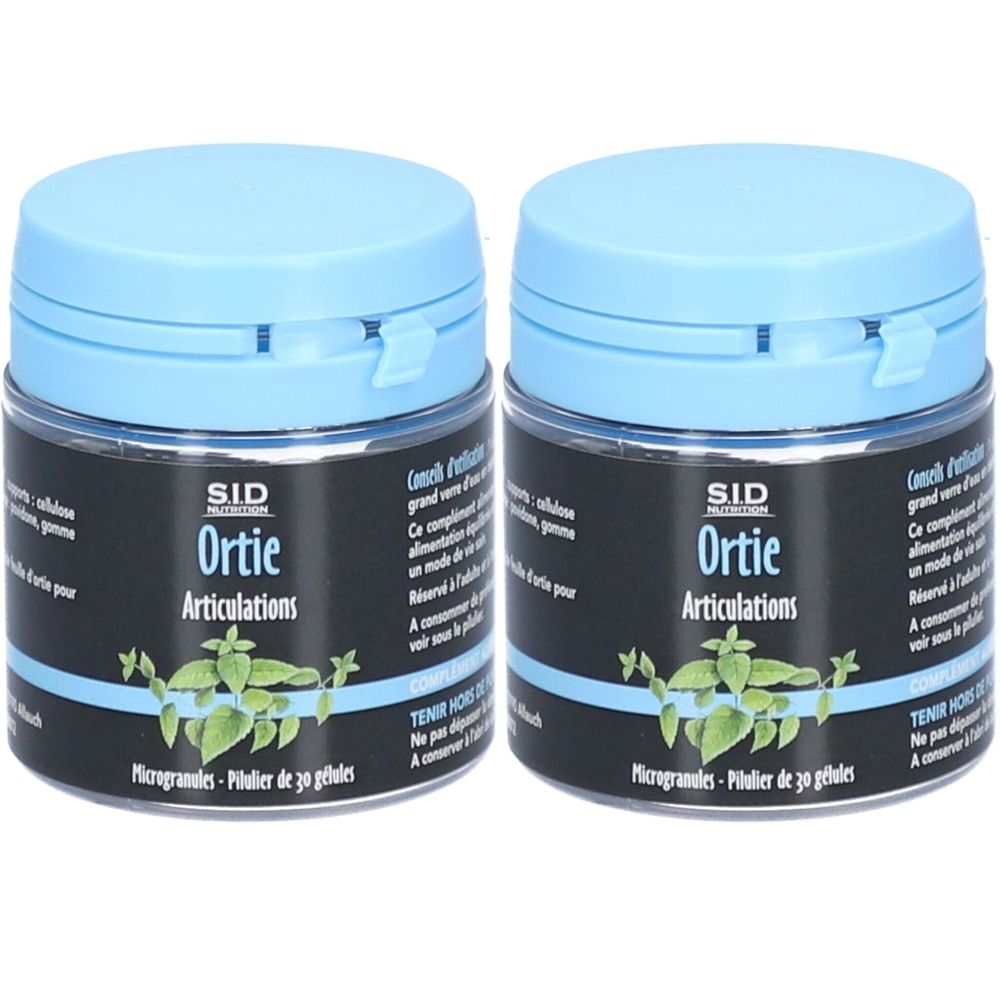 Deux boîtes rondes avec couvercles bleus. Inscription: SID Nutrition, Ortie, Articulations. Contient 30 gélules.