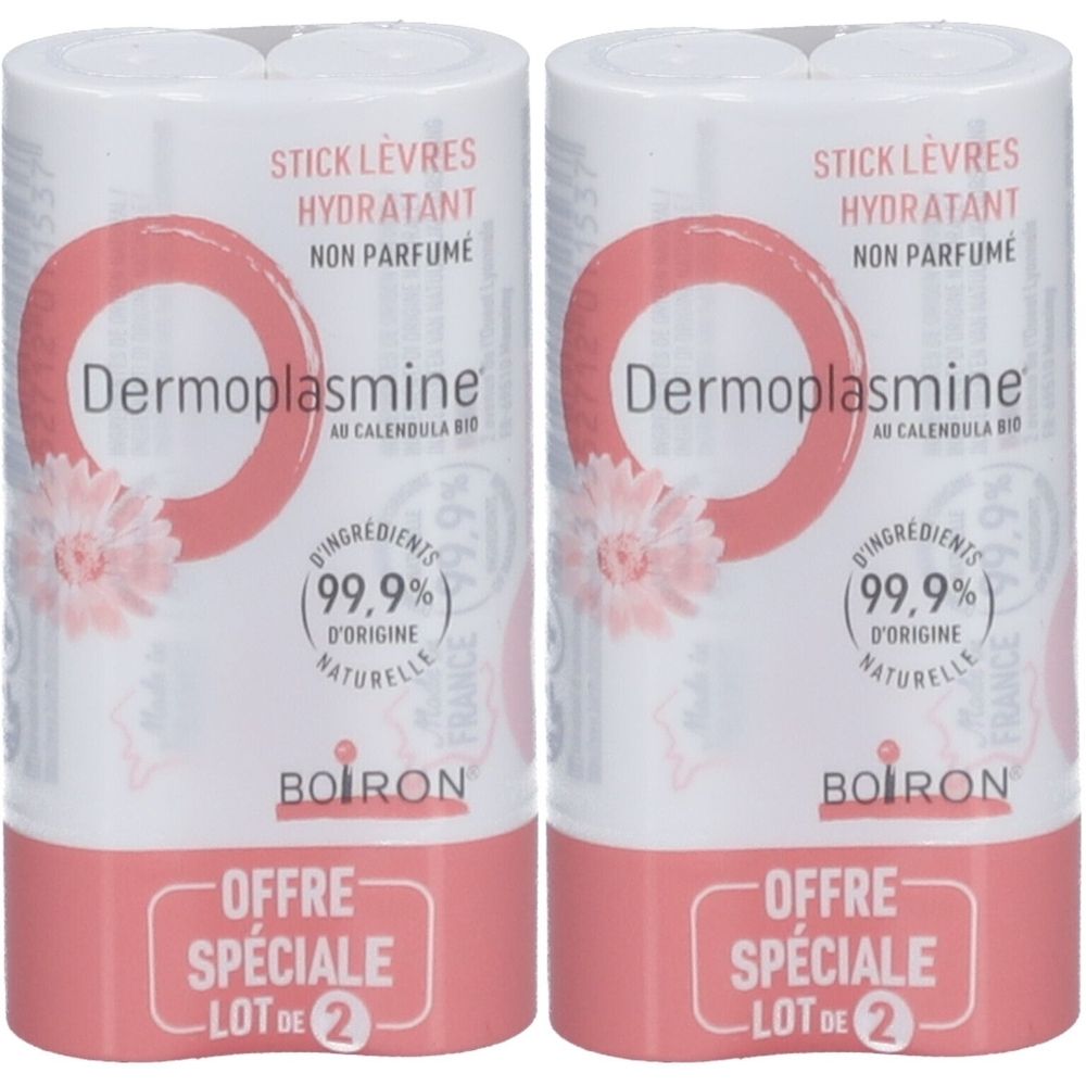 Deux sticks lèvres. Emballage blanc et rose. Texte: Dermoplasmine, Calendula, 99,9% ingrédients naturels, Lot de 2. Marque Boiron.