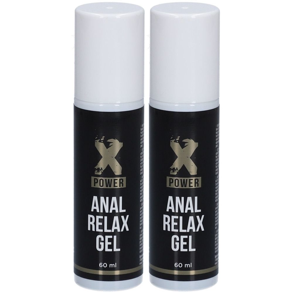 Deux flacons avec bouchons blancs. Étiquette noire avec logo doré et texte: ANAL RELAX GEL. Inscription: 60 ml.