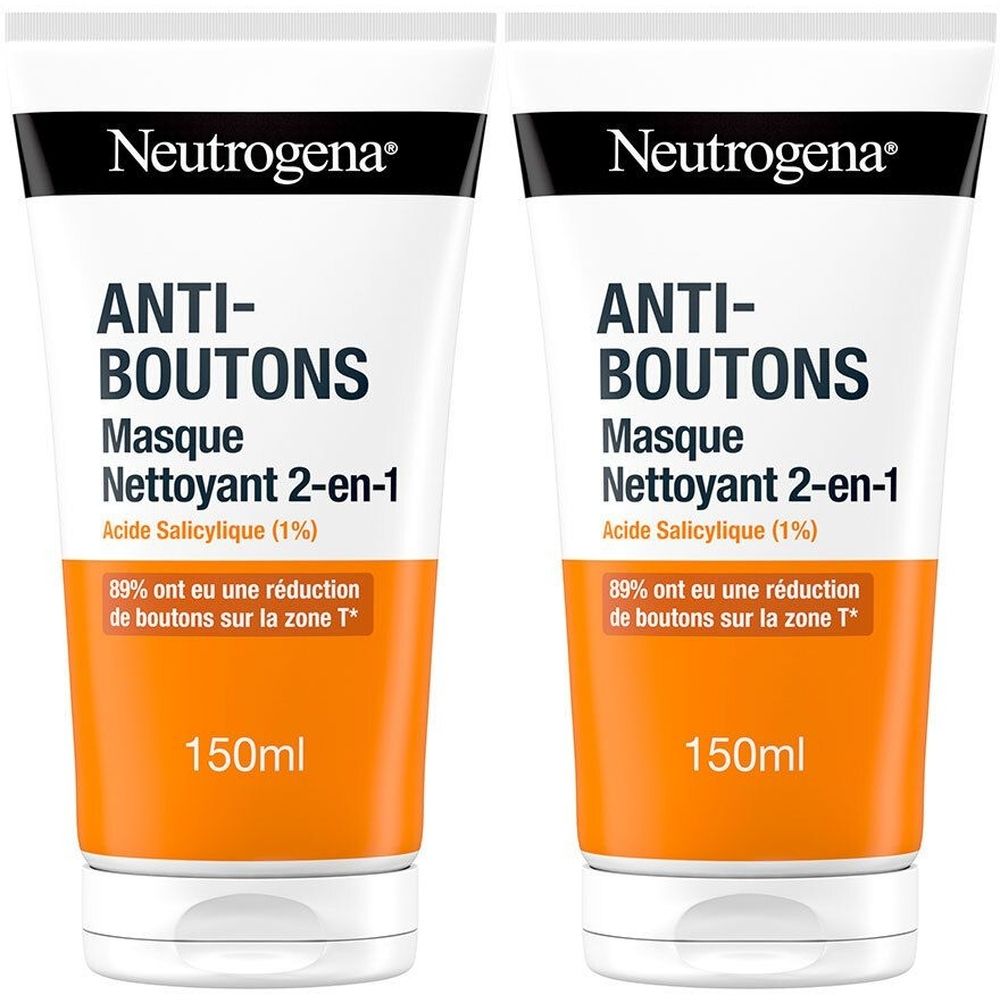Deux tubes de masque anti-boutons Neutrogena. Emballage blanc et orange avec texte noir. Contient de l'acide salicylique. 150ml.