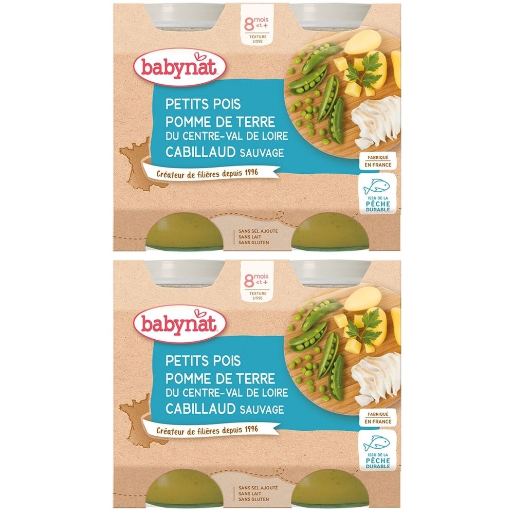 Emballage produit Babynat. Ingrédients : PETITS POIS, POMME DE TERRE, CABILLAUD SAUVAGE. Dès 8 mois. Avec légumes et poisson.