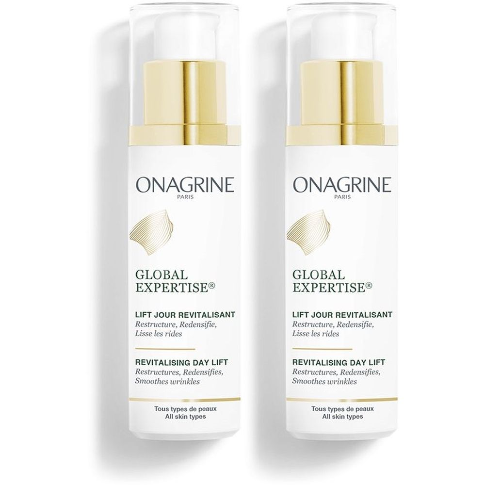 Deux flacons blancs et dorés. Inscriptions: ONAGRINE, GLOBAL EXPERTISE, LIFT JOUR REVITALISANT, REVITALISING DAY LIFT. Pour tous types de peaux.
