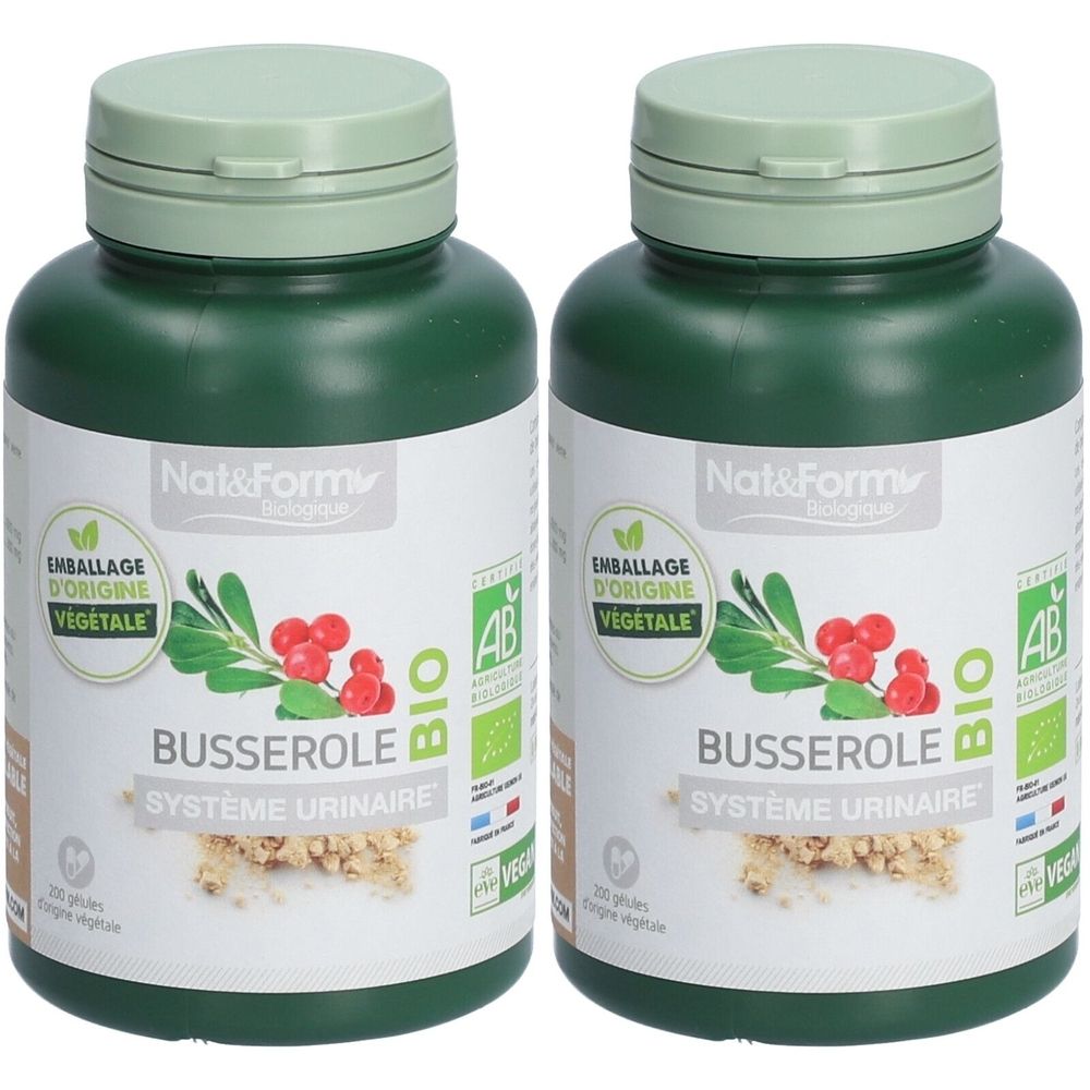 Deux flacons verts avec bouchons. Inscription: BUSSEROLE, SYSTÈME URINAIRE, BIO, VEGAN. Étiquette avec illustration de plante et certification AB.