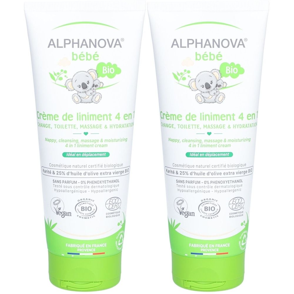 Deux tubes de crème. Inscription: ALPHANOVA bébé Bio Crème de liniment 4 en 1. Certifications Vegan et Bio. Bouchon vert.